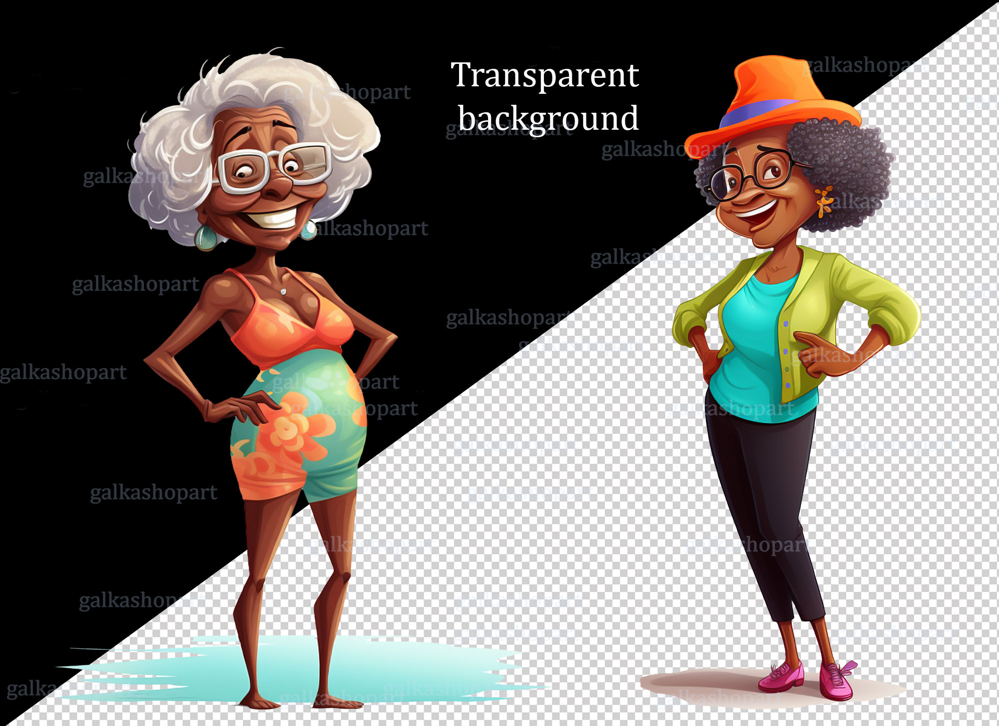 Funny Cartoon Clipart PNG of Old Afro-american Ladies: Cute Drunk  Grandmother; Cheerful Granny; Elderly Beach Woman; Dark Skin Grandma - Etsy, image size:2000x1455