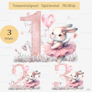 Design de sublimação de aquarela de aniversário para meninas "Little Bunny Ballerina" para idades de 1 a 3 anos de filha, neta, sobrinha, bebê coelho PNG clipart