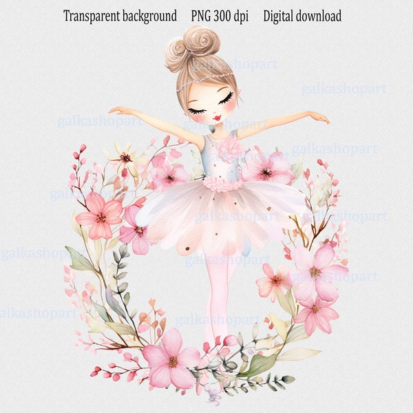 Baby Ballerina in floral wreath PNG: Doll in Pink Tutu, Watercolor sublimation design, Baby Shower Birthday Girl clipart, Ballet party decor