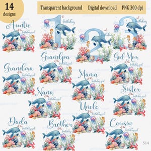 Conjunto de designs de sublimação em aquarela para camiseta de aniversário combinando com a família, mamãe, papai, etc, Under the Sea, náutico PNG clipart, Sea Baby Animal