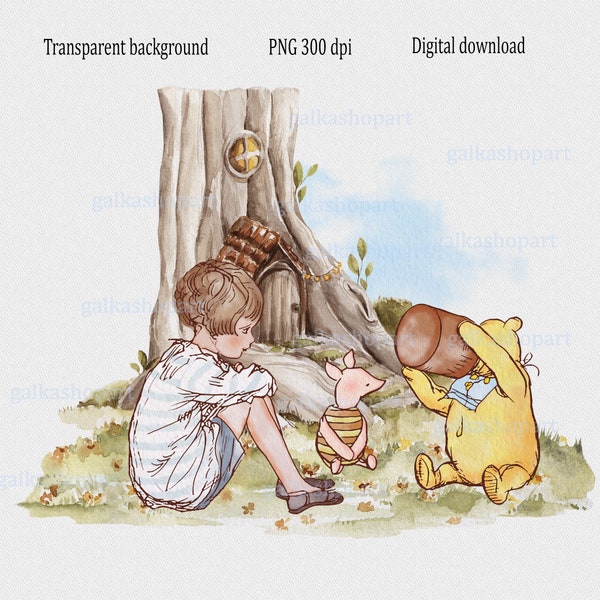 Classic Winnie the Pooh with Honey, Piglet & Christopher Robin Printable PNG Clipart: for Sublimation Design, Digital Crafting and Printing