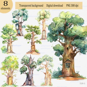 Zomerboom met deur: aquarel clipart PNG, bosloofboom, botanische digitale kunst, natuur groen bos, sprookjesachtige Pooh's huis