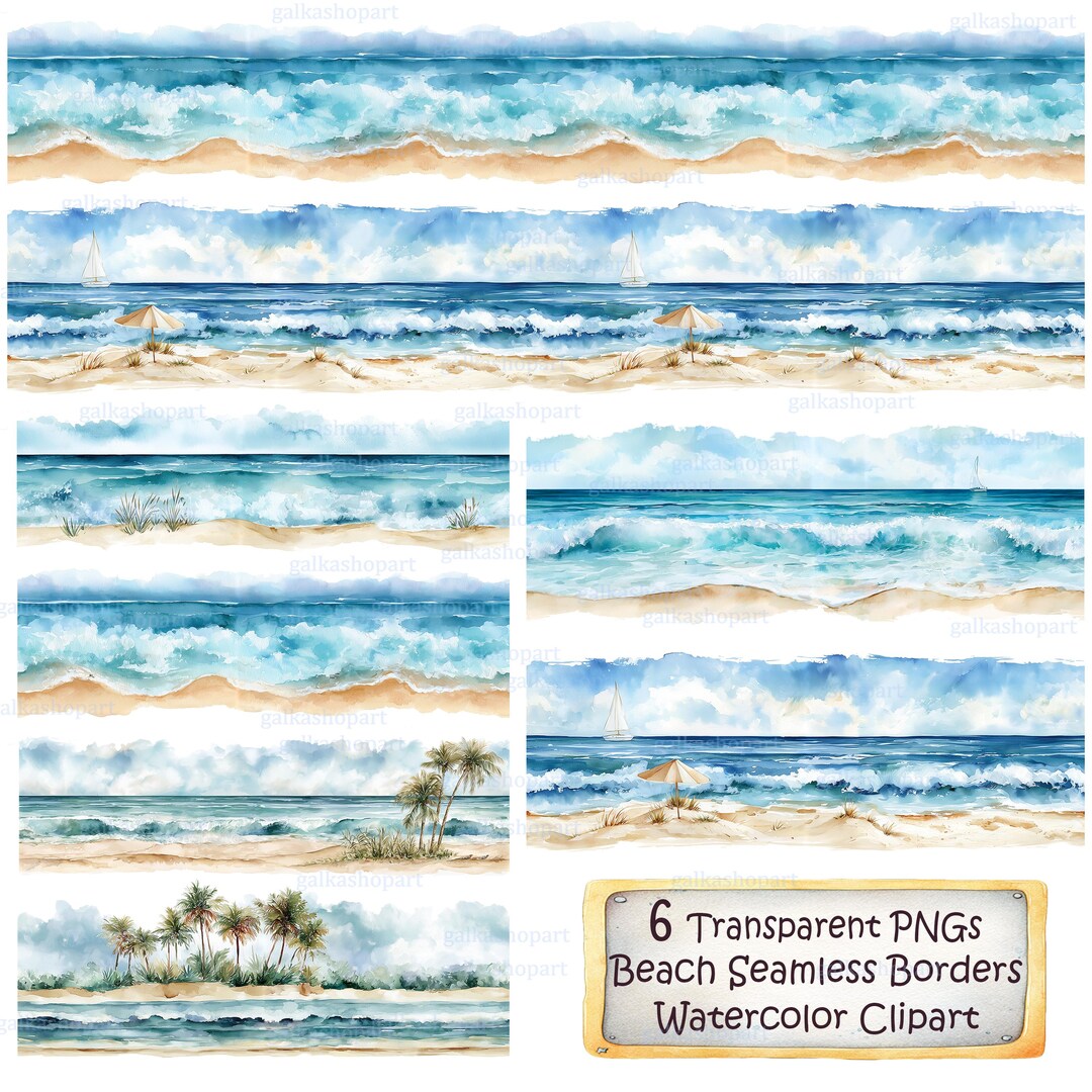 Beach Seamless Border Clipart, 6 Watercolor Coastal PNG Borders - Etsy