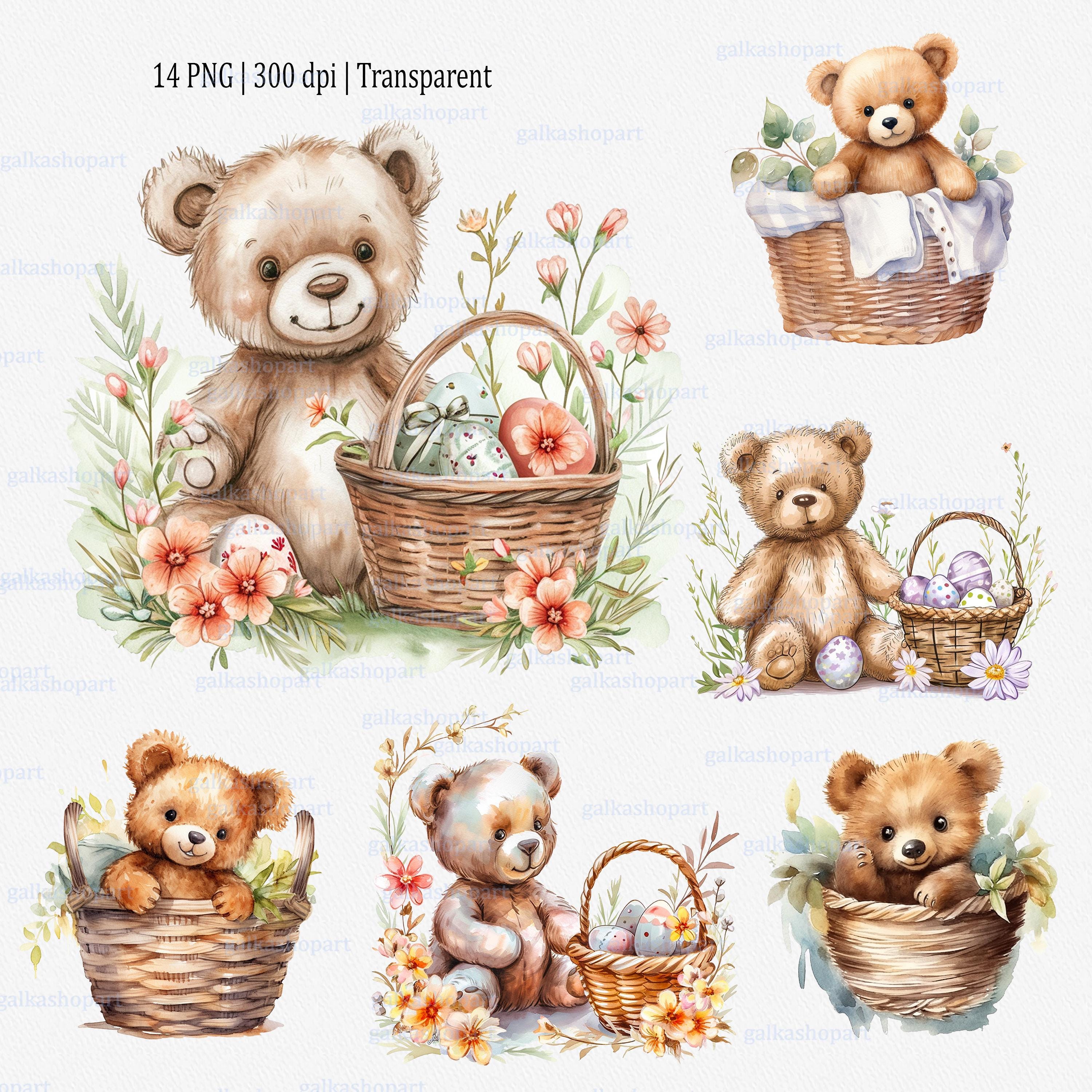 Easter Teddy Bear Clipart Set: Watercolor Spring Bears With Baskets ...
