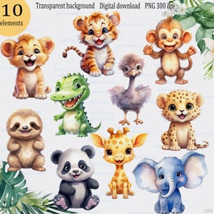Aquarel clipart: 10 schattige safari babydier, grillige kinderkamerinrichting, transparante png, kawaii aap leeuw giraf olifant etc, full body