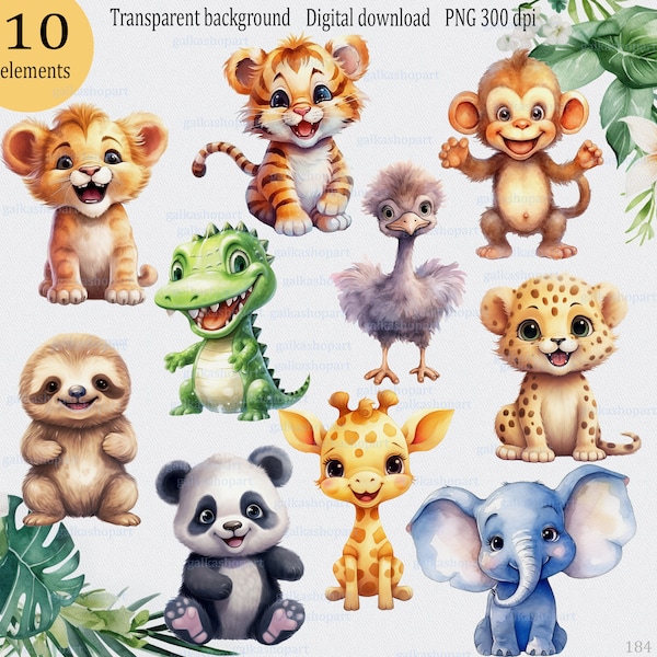 Watercolor Clipart: 10 Cute Safari Baby Animal, Whimsical Nursery decor, Transparent PNG, Kawaii Monkey Lion Giraffe Elephant etc, full body