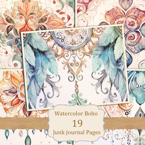 Kit de diario basura bohemio de diseñador de los años 70, páginas efímeras imprimibles, patrón bohemio de acuarela digital, papel hippie para álbum de recortes, hermoso mandala