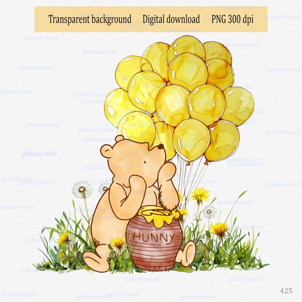 Classic Winnie the Pooh with Honey & Balloons on summer meadow with dandelion: PNG design for printing sublimation; Watercolor Bear Clipart