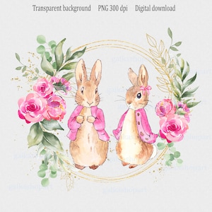 Zwillingsmädchen Taufe Sublimation PNG - Rosa Blumenkranz mit Peter Rabbit & Flopsie Bunny, Taufe Willkommen Printable Design