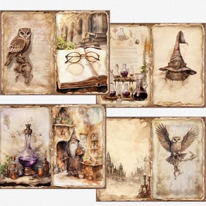 May include: A set of six vintage-style digital papers featuring illustrations of owls, potions, a wizard, and a castle. The papers have a distressed, aged look with a parchment-like texture.