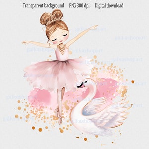Disegno a sublimazione PNG di ballerina e cigno, decorazione per festa di balletto, clipart romantica, ragazza carina, rosa e oro, immagine di cartone animato ad acquerello