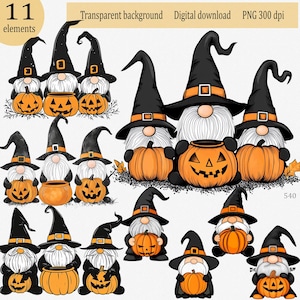 Lindos gnomos magos con calabazas, clipart PNG de Halloween, gnomo naranja y negro mágico y espeluznante de otoño para sublimación e impresión
