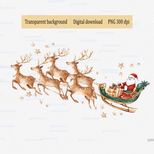 PNG Clipart de Papai Noel em um trenó cheio de presentes, puxado por renas, voando no céu entre as estrelas; Aquarela de inverno; Design de véspera de Natal