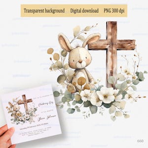 Taufe Taufe Namenstag PNG, Neutrales Häschen mit Kreuz, Beige Blumenkranz, Aquarell Christian Sublimation Clipart, Andenken Design