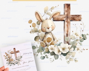 Christening Baptism Naming Day PNG, Neutral Bunny with Cross, Beige Floral Wreath, Watercolor Christian Sublimation Clipart, Keepsake Design