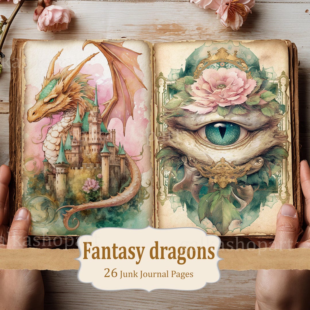 Fantasy Dragons Junk Journal Kit: 26 Watercolor Dragon & Castle Pages ...
