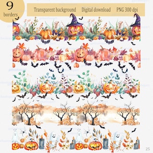 Clipart de borde sin costuras de Halloween de acuarela: Marco de otoño PNG; Guirnalda de diseño de otoño; Ilustración mística Decoración de fiesta espeluznante Jack o'lantern