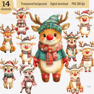 Clipart di renne carine in formato PNG, bizzarro cervo natalizio in abiti invernali, divertente animale antropomorfo del bosco, immagine festiva stravagante