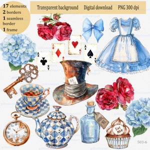 21 Alice im Wunderland PNG Clipart: Aquarell Illustrationen von Alice Kleid, verrückter Hutmacher-Hut, Tee-Party-Elementen, Schlüssel;  nahtlose Häkelrand