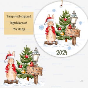 Aquarell Weihnachten Peter Rabbit mit Weihnachtsbaum, Straßenlaterne und Holzschild PNG Clipart: Hase in verschneiter Winterszene, Baby first Xmas