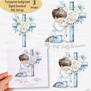 Erste heilige Kommunion PNG - Betendes Mädchen Aquarell Clipart, rosa Blumenkreuz, christliches Sublimationsdesign für Einladungen & Kartenherstellung