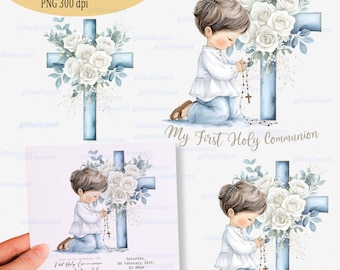 First Holy Communion PNG – Praying girl Watercolor Clipart, Pink Floral Cross, Christian Sublimation Design for Invitations & Card Making