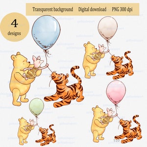Clássico Ursinho Pooh Leitão Tigrão com balão, urso vintage e amigos, Design para chá de bebê e decoração de aniversário Aquarela Clipart PNG