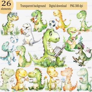 Aquarell schrulliger Dinosaurier: lustiger, lustiger Cartoon Dino, Dino, Dino, Dino, Dino, Dino, Tier, Tier, Tier, Tier Zeichnung Set 26