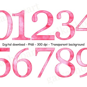 Roze aquarel nummers clipart, cijfer clip art meisjes symbolen, individuele PNG-bestanden, meisjesfeest sublimatie ontwerp, decor verjaardag bruiloft
