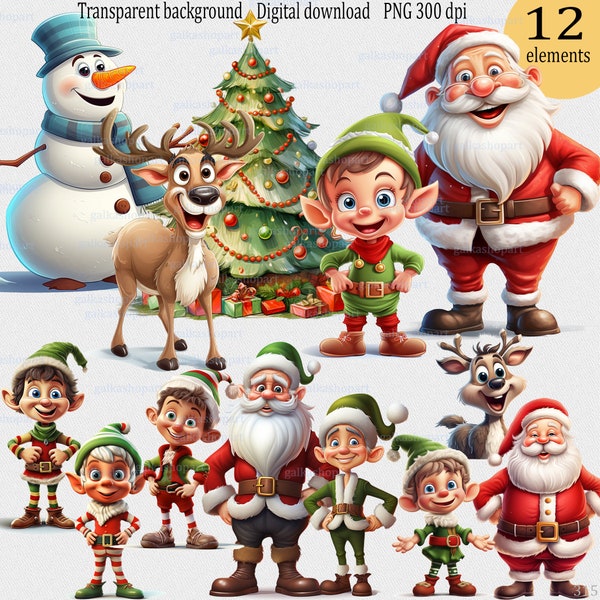 Clipart Set of 12 PNGs Cartoon Christmas Elves Santas Deers Xmas tree snowman on transparent: sublimation designs for Christmas Eve