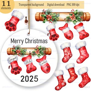 May include: A digital collection of 11 Christmas-themed graphic elements featuring red stockings with white fur trim, some with paw prints or snowflake patterns, and a wooden rolling pin decorated with pine branches and red poinsettia flowers.