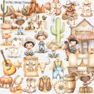 May include: Watercolor illustrations of a cowboy theme. Includes a sheriff's office, cowboy characters, a horse, a cow, a guitar, a wanted poster, a wagon, a teddy bear, a cake, a barrel, and other western-themed elements. The color palette is primarily warm tones.