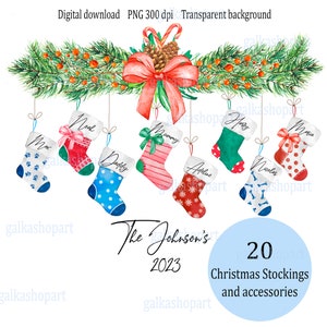 May include: A digital illustration of a Christmas garland with pine branches, orange berries, pinecones, and a red bow. Seven hanging stockings feature names including Max, Noah, Daddy, Mummy, Adeline, Harry, Nicolas, and Maria. Text reads The Johnson's 2023.