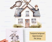 New home design for personalized card, Welcome to the country house keepsake, Add name date, Watercolor keychain PNG clipart for sublimation