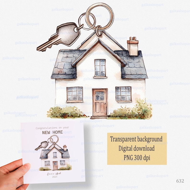 May include: A watercolor illustration of a house with a key attached to it. The house is white with a gray roof and brown windows. The key is gold with a brown handle. The text "Congratulations on your NEW HOME" is written on a card below the house. The card also includes the text "Emma & Jack 2024".
