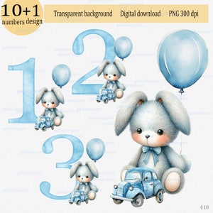 11 arquivos PNG de clipart de aniversariante: aquarela fofo coelhinho de pelúcia com balão azul e automóvel de brinquedo, números individuais, design de festa