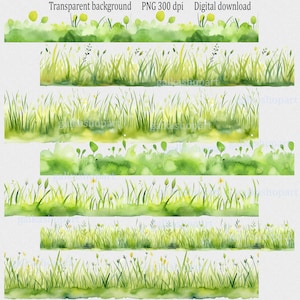 May include: Watercolor illustrations of green grass and foliage in various styles. The images feature a transparent background, perfect for digital design projects. The text in the image says "Transparent background PNG 300 dpi Digital download".