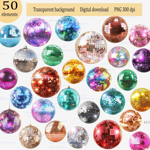 50 Watercolor mirror disco ball PNG clipart: Vintage illustration, Perfect for dance party, for prom decal, for retro club, Glam 70's