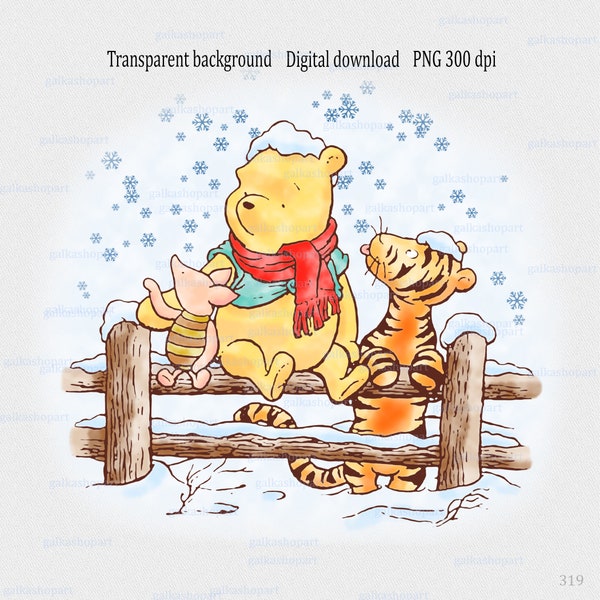 Classic Winnie the Pooh & friends in Christmas scene sublimation design PNG: Watercolor winter Xmas clipart with Bear pig tiger; winter