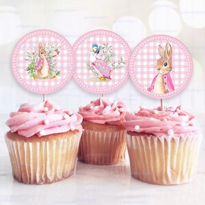 Flopsie Bunny Cupcake Topper, Baby Tortendeko, Aquarell Peter Rabbit, Geburtstagsparty Dekoration, Mädchen Rosa Aufkleber, Printable Tag