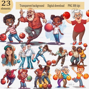 Immagine PNG carina di persone che giocano a bowling americano di età e razze diverse: vecchia signora e uomo; divertente ragazza e ragazzo afroamericani