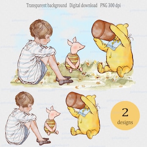 Winnie l'ourson classique avec miel, porcelet et Christopher Robin : clipart PNG de haute qualité pour sublimation et impression, art mural pour chambre de bébé
