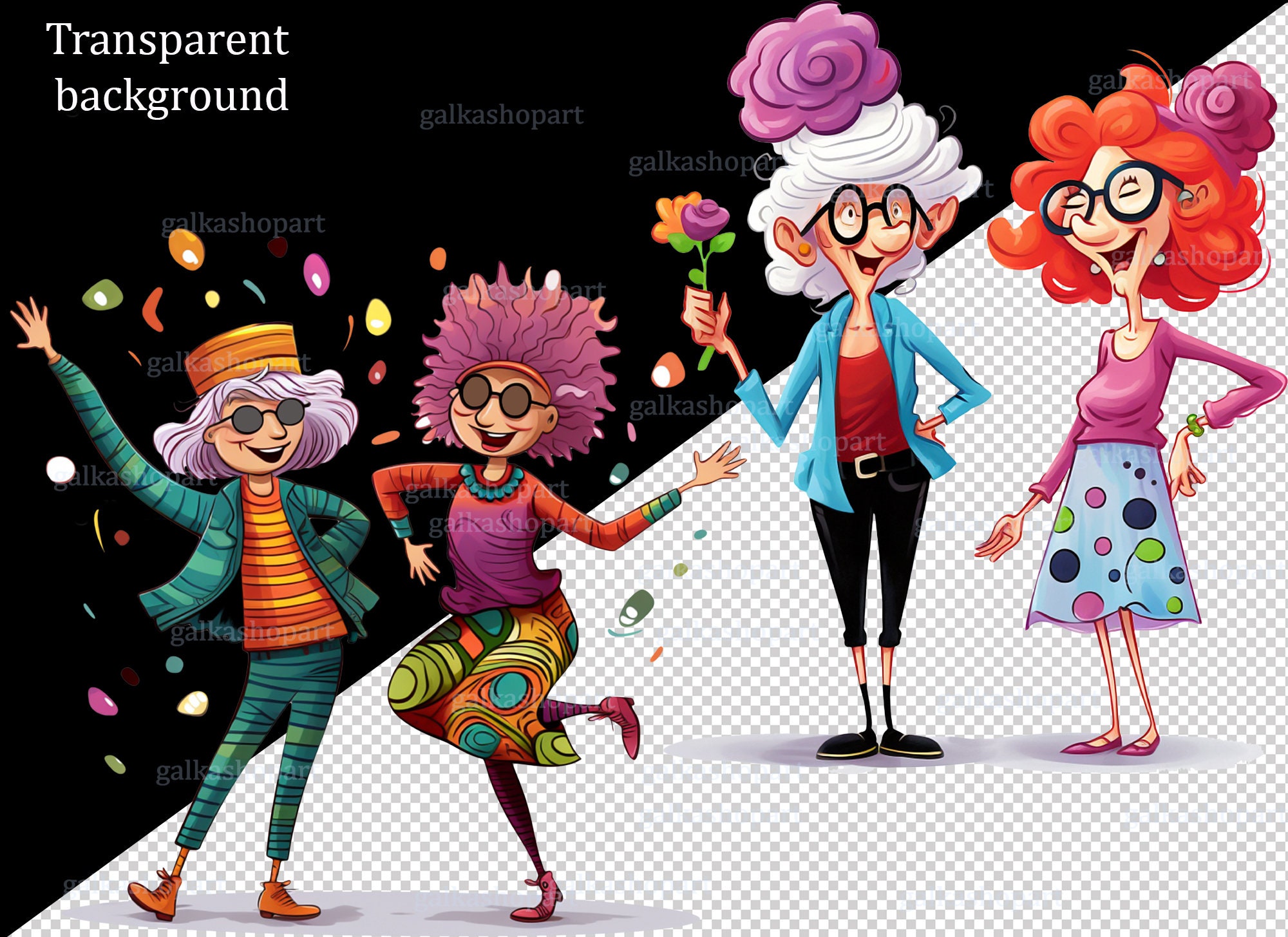 Funny Grandma Clipart Bundle PNG: Cute Senior Lady Characters, Colorful ...