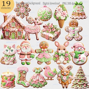 Clipart pain d'épice : maison dans l'arbre de Noël cookie homme & fille Lapin père Noël cerf bonhomme de neige flocon de neige chat bas oiseau cloche bougie robe cadeau