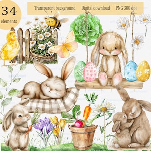 Osterhasen Clipart PNG: Aquarell Kaninchen und andere Frühlingselemente, Design für Sublimation und Druck, Gemüseei Blume Küken Blatt