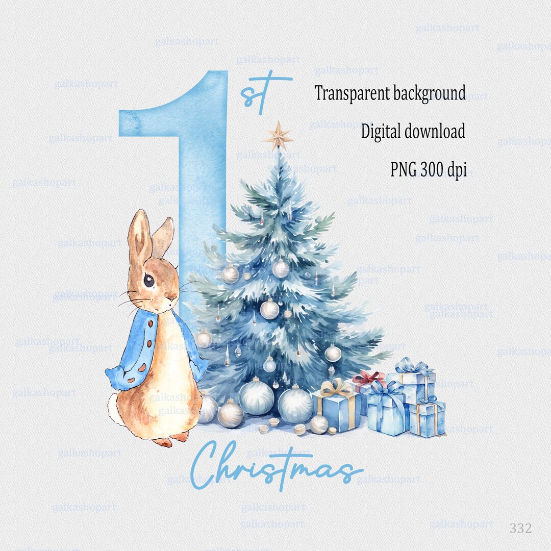 Watercolor Light Blue Peter Rabbit Xmas Design: Christmas Tree Clipart ...