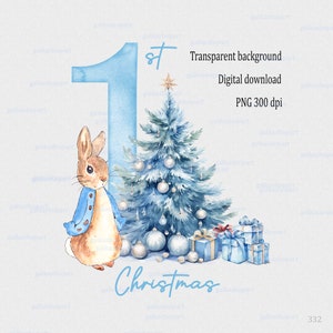 Watercolor Light Blue Peter Rabbit Xmas Design: Christmas Tree Clipart PNG, Sublimation Print, Baby First Christmas, Boy Nursery Wall art