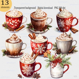 Set de imágenes prediseñadas de tazas de chocolate caliente: 13 PNG navideños con pan de jengibre, café, chocolate, alegría navideña y gráficos de sublimación.