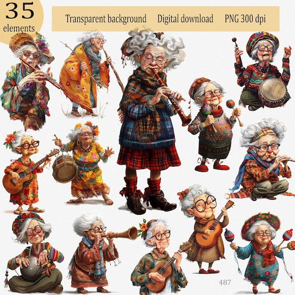 Funny old ladies playing ethno musical instruments Clipart PNG: cute granny - musician, hand pan tongue drums didgeridoo maracas flute