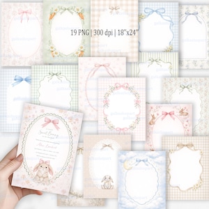 Könnte beinhalten: Eine Sammlung von 19 digitalen, druckbaren Karten mit verschiedenen Designs. Die Karten zeigen Pastellfarben, Blumenmuster, Schleifen und Hasenillustrationen. Der Text "A Little Sweet Bunny" ist auf einer Karte sichtbar. Bildgröße: 45.7cm x 61cm.